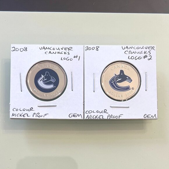 2008 Vancouver Canucks Coloured Logos 1 & 2 Nickel Proof Loons! - Picture 1 of 16